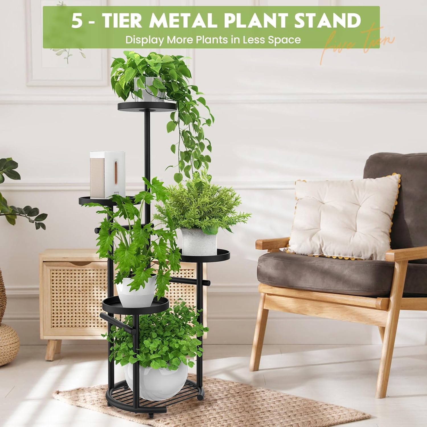 TOSKING Tall 5-Tier Round Metal Corner Plant Stand Indoor, Anti-Tip, Black | 37.7-Inch Height, Space-Saving Design