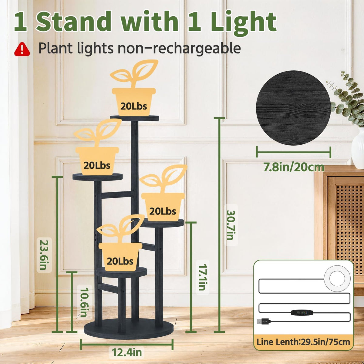 LASZOLA Wood Small Plant Stand Table Indoor Tall with Lights, 4 Tier Black | Corner Flower Pot Holder Rack for Multiple