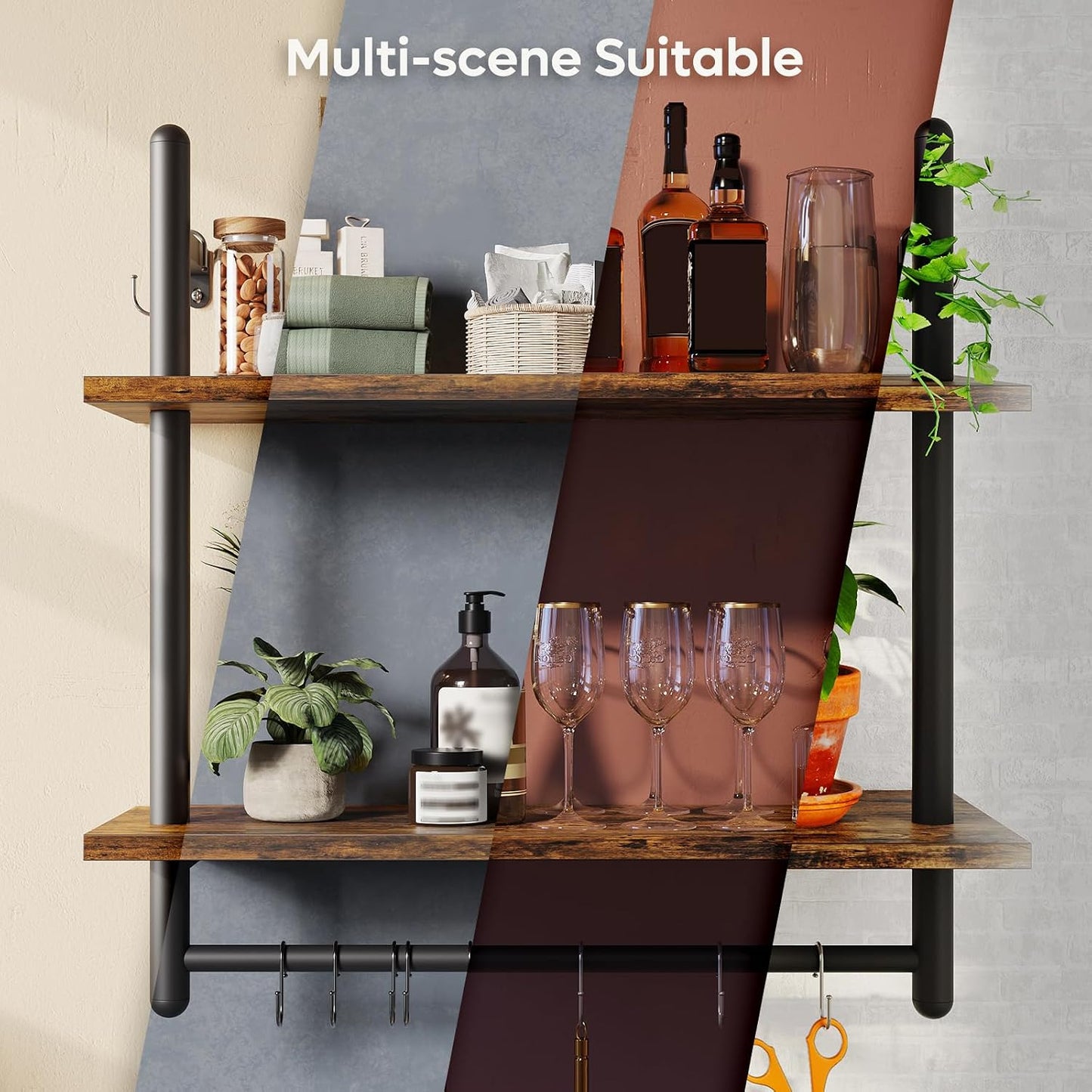 Bestier 24" Floating Kitchen Shelves Wall Mounted 2 Tier Coffee bar Shelves with 8 Hooks, Industrial Wall Shelf for