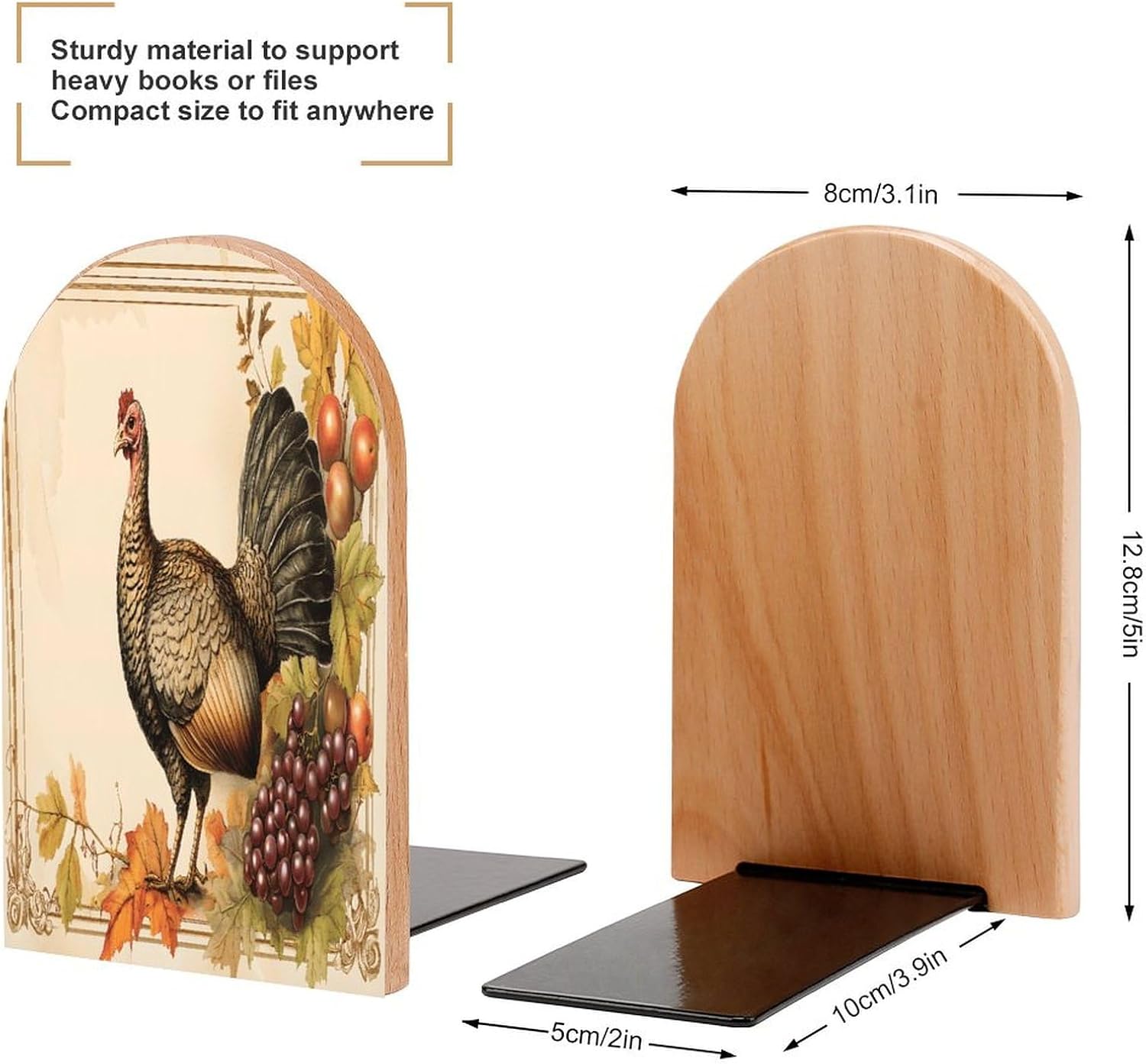 Wood Bookends / Vintage Turkey Grapes Leaves Non-Skid Heavy Duty Bookends / Set of 2