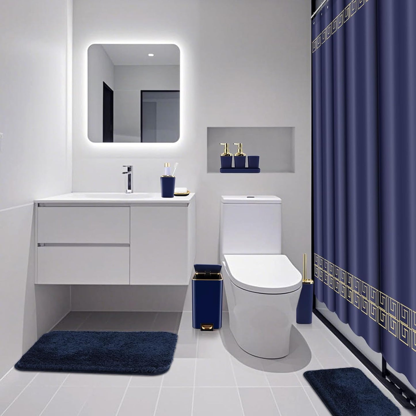 XLHOMO Bathroom Sets with Shower Curtain and Rugs Bathroom Accessories Set Navy Blue Bathroom Set,Soap Dispenser &