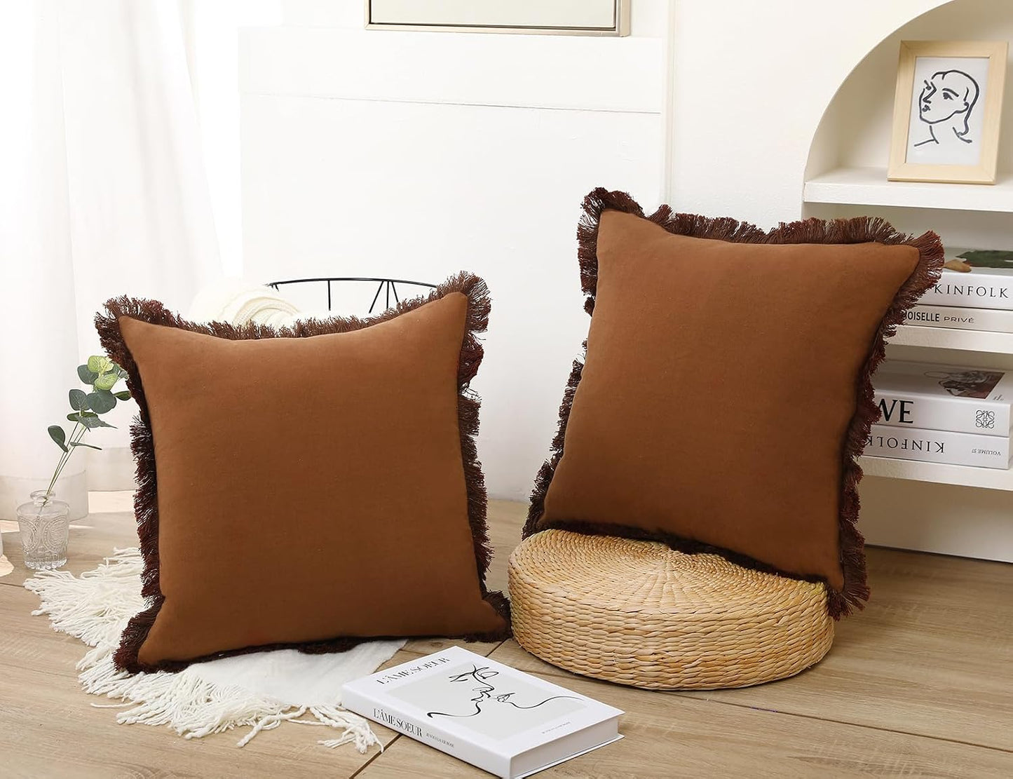 Natural Linen Fringed Throw Pillow Covers / Light Brown / 22 x 22 / Set of 2