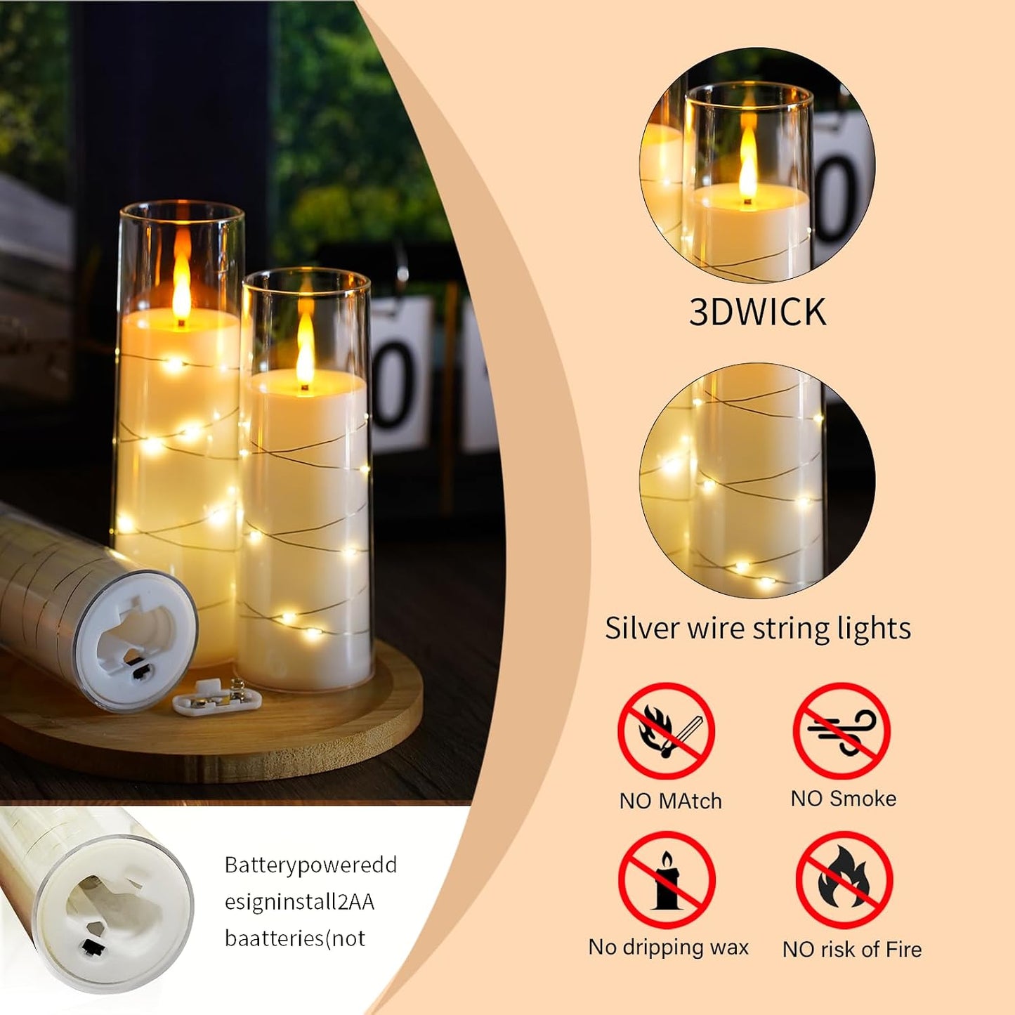 Flameless Candles,with Embedded Star String, Battery Operated Candles Flickering LED Pillar Candles with Remote Control