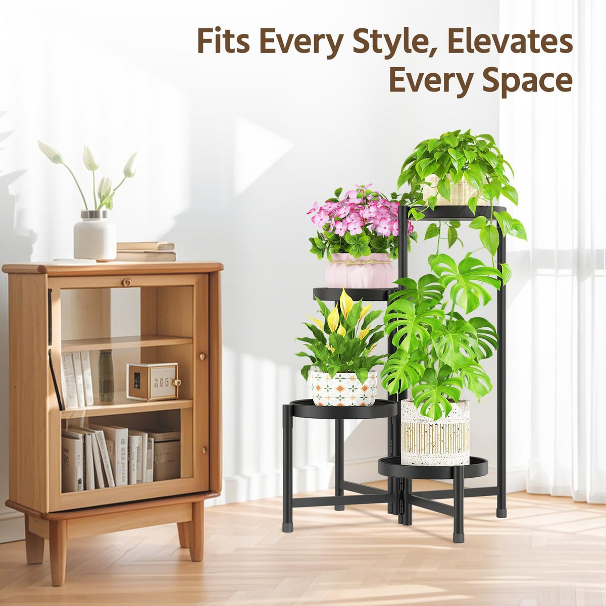 LASZOLA Plant Stand Indoor with 10 Inch Large Metal Tray, 4 Tier Black | Corner Tall Folding Flower Display Rack