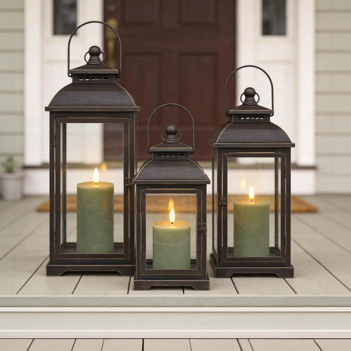 Olive Green Flameless Pillar Candles, Wax LED Candles with Remote | Realistic Battery Operated Decorative Candles