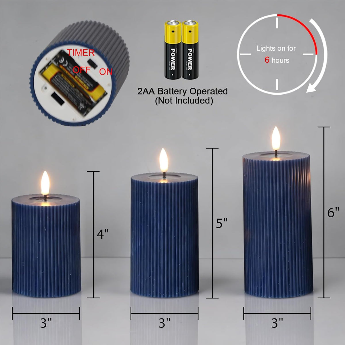 Navy Battery Operated Flameless Candles with 6 Hour Timer | 3D Wick Flickering LED Pillar Candles, Vertical Stripe Wax