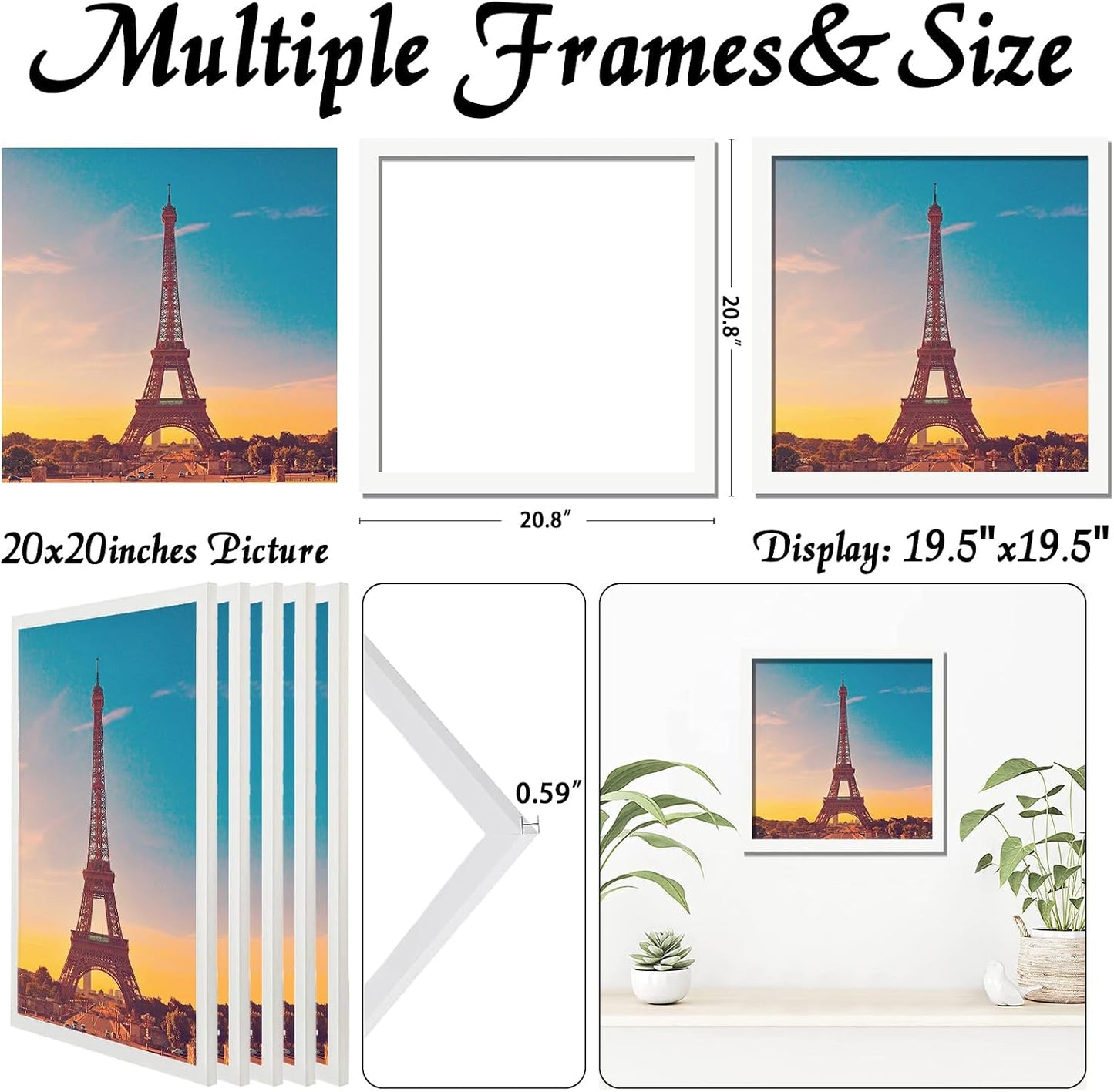 20x20 Picture Frame Set of 5, White Photo Frames for Gallery Wall Hanging | High-Clarity Clear Panel, Horizontal &