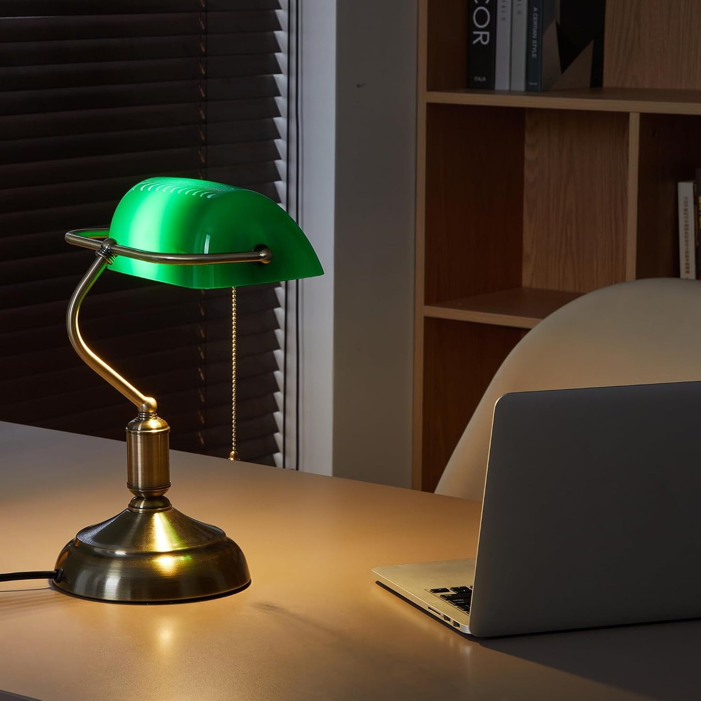 Bankers Lamp, Green Desk Lamp with Pull Chain Switch, 3 Lighting Color Mid Century Banker's Desk Light for Home Office