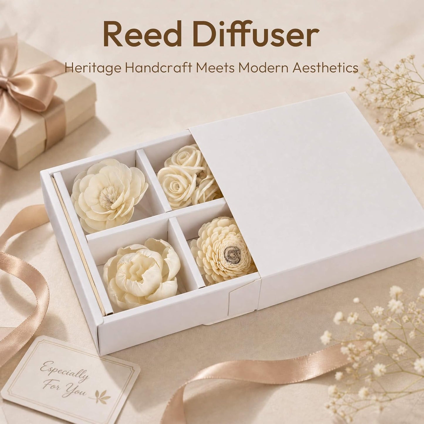 Assorted Handmade Sola Wood Flowers / White / Set of 7