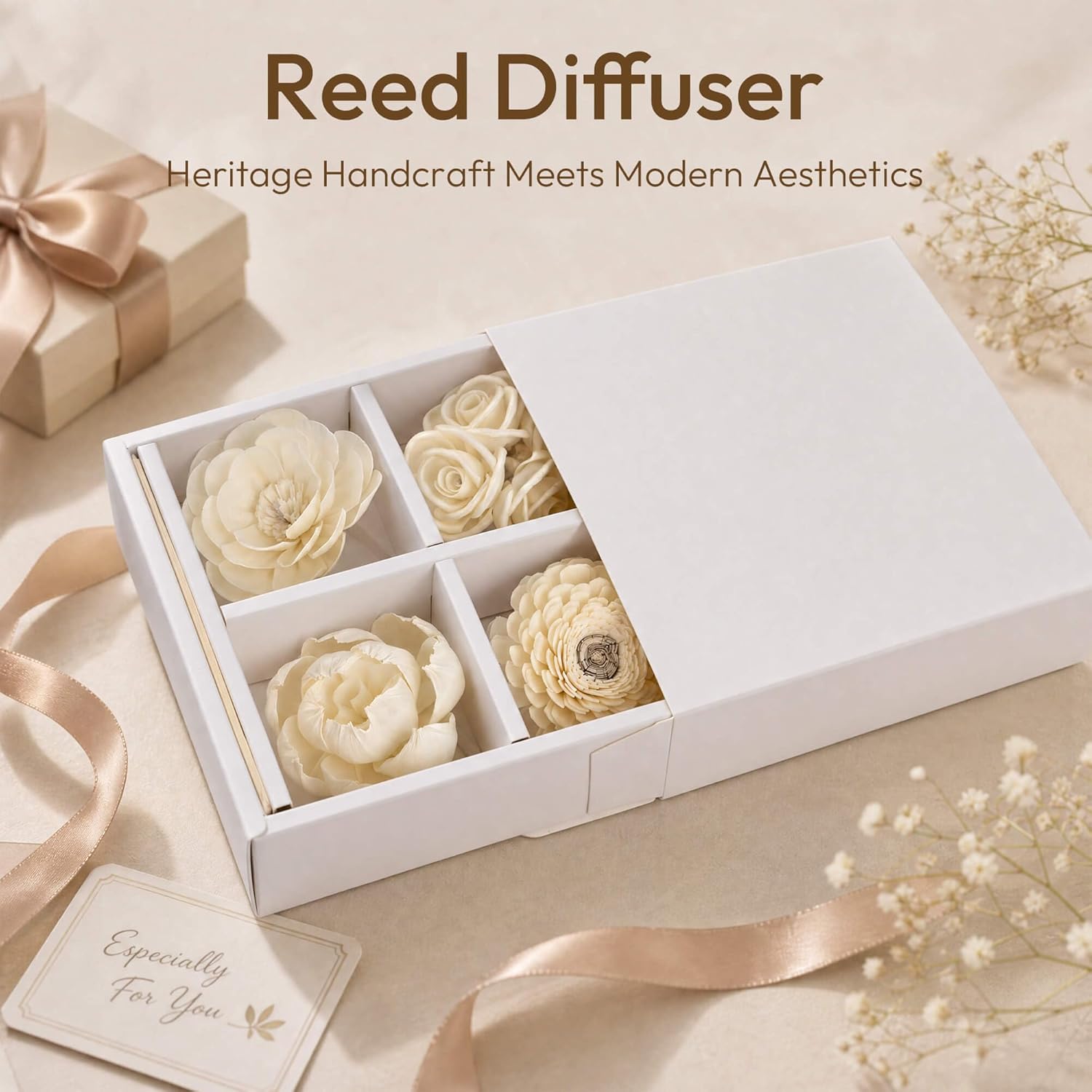 Assorted Handmade Sola Wood Flowers / White / Set of 7