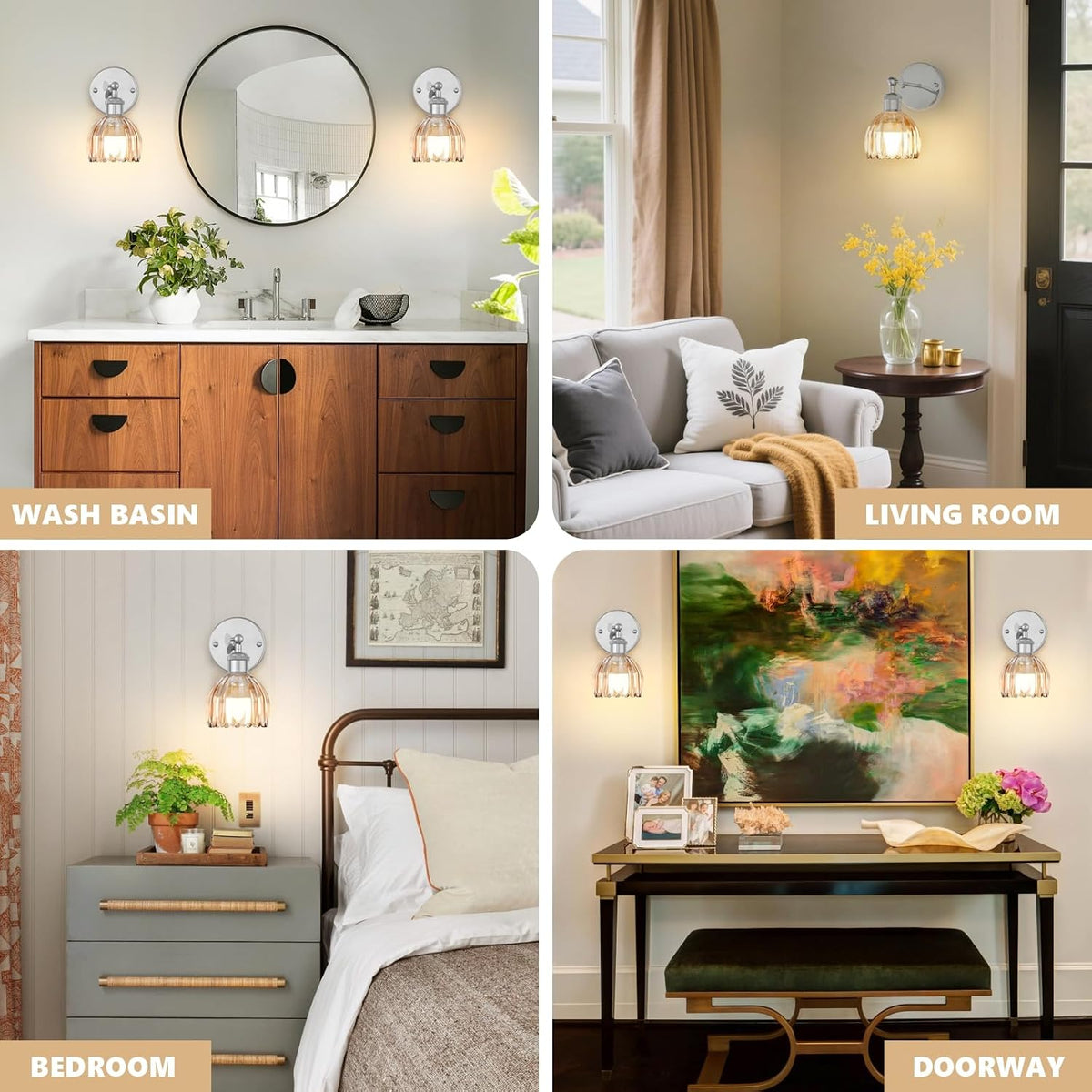 Vintage Battery Operated Wall Sconce, Amber Tulip Glass Lampshade Wireless Rechargeable Battery Powered LED Wall Light