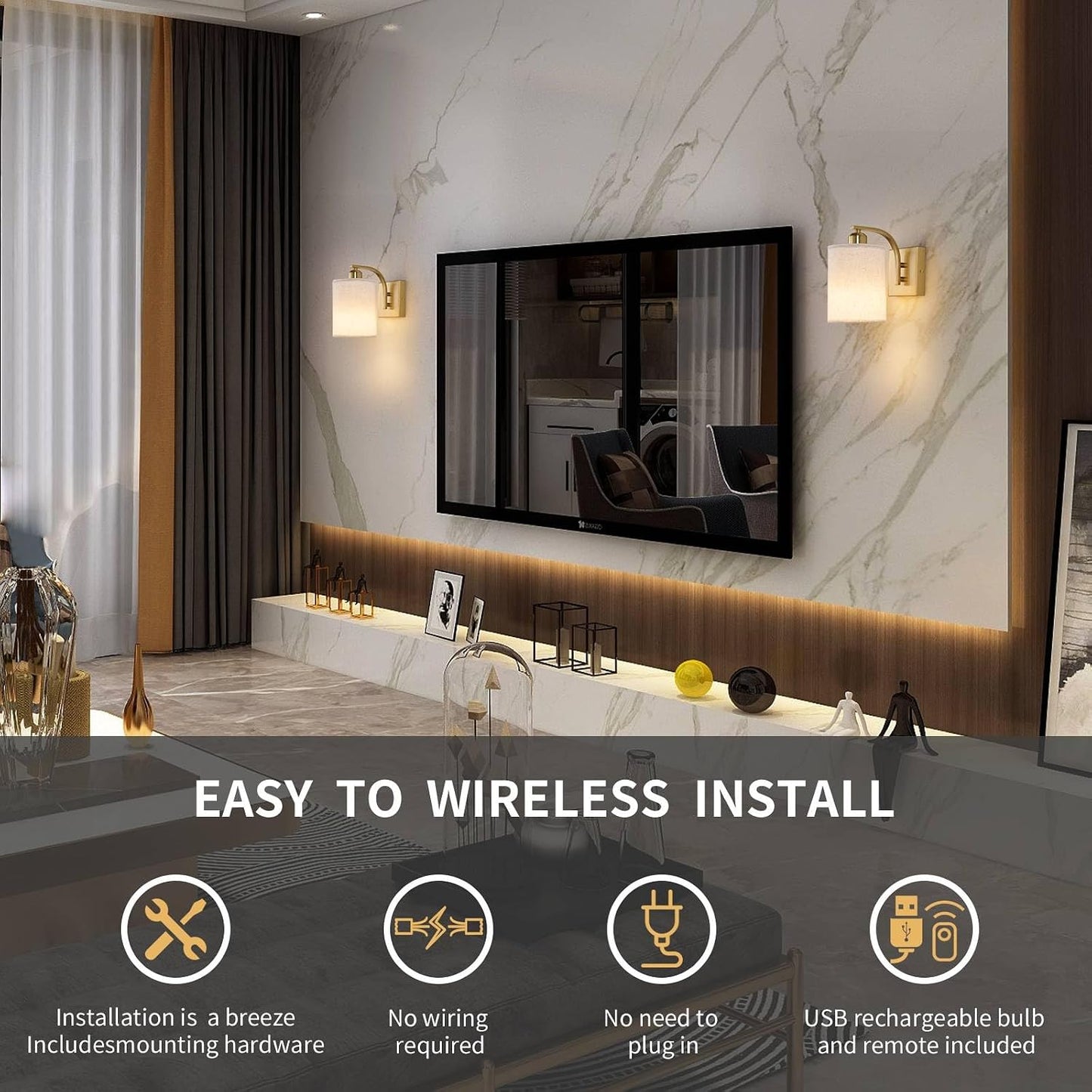 Powfloven Gold Rechargeable Wall Sconces Set of 2 with Remote, Wireless Battery Operated Dimmable LED Wall Lights
