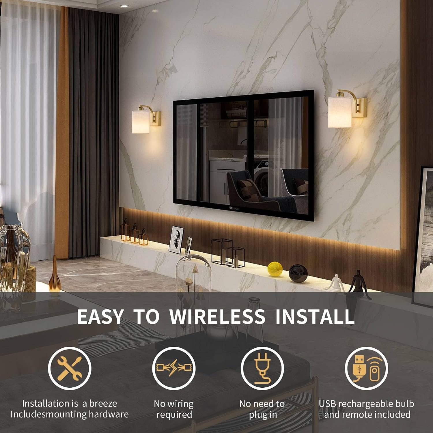 Powfloven Gold Rechargeable Wall Sconces Set of 2 with Remote, Wireless Battery Operated Dimmable LED Wall Lights