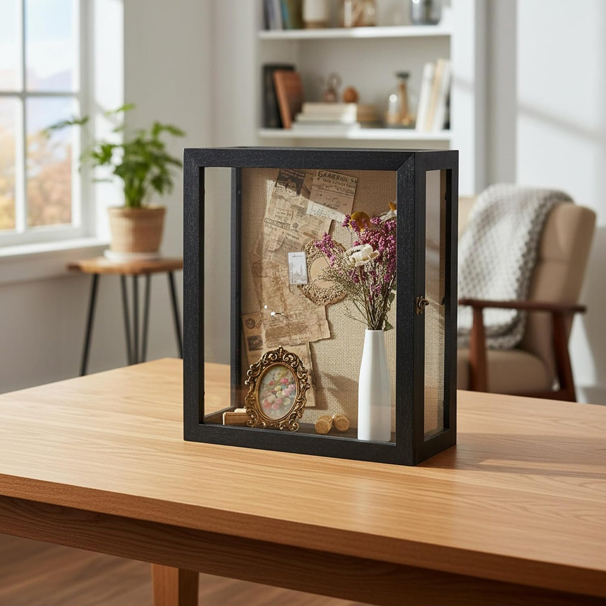 13x16x6 Extra Black Deep Shadow Box with 3 Removable Panels,Black | Wood Display Case for Wall Mounted or Tabletop