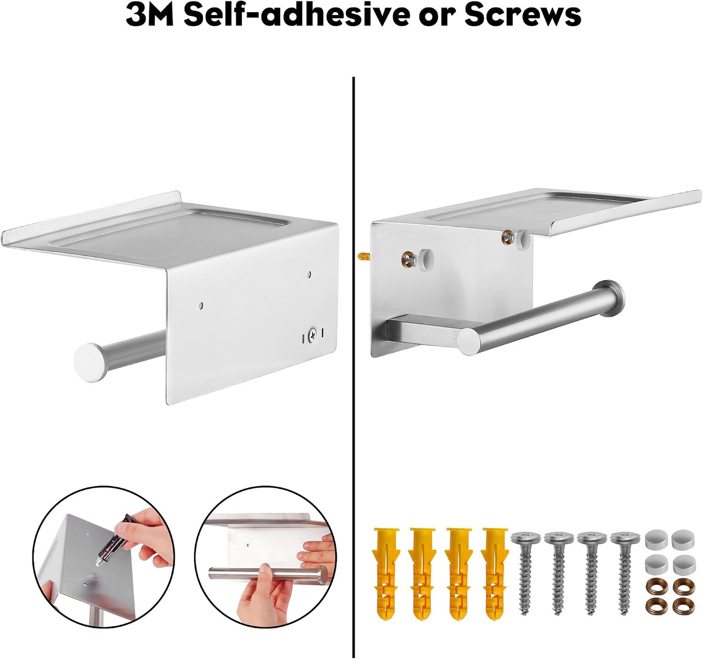 Toilet Paper Holder with Shelf, Wall Mounted Adhesive Holder for Bathroom, Tissue Roll Holder with Phone Storage Shelf