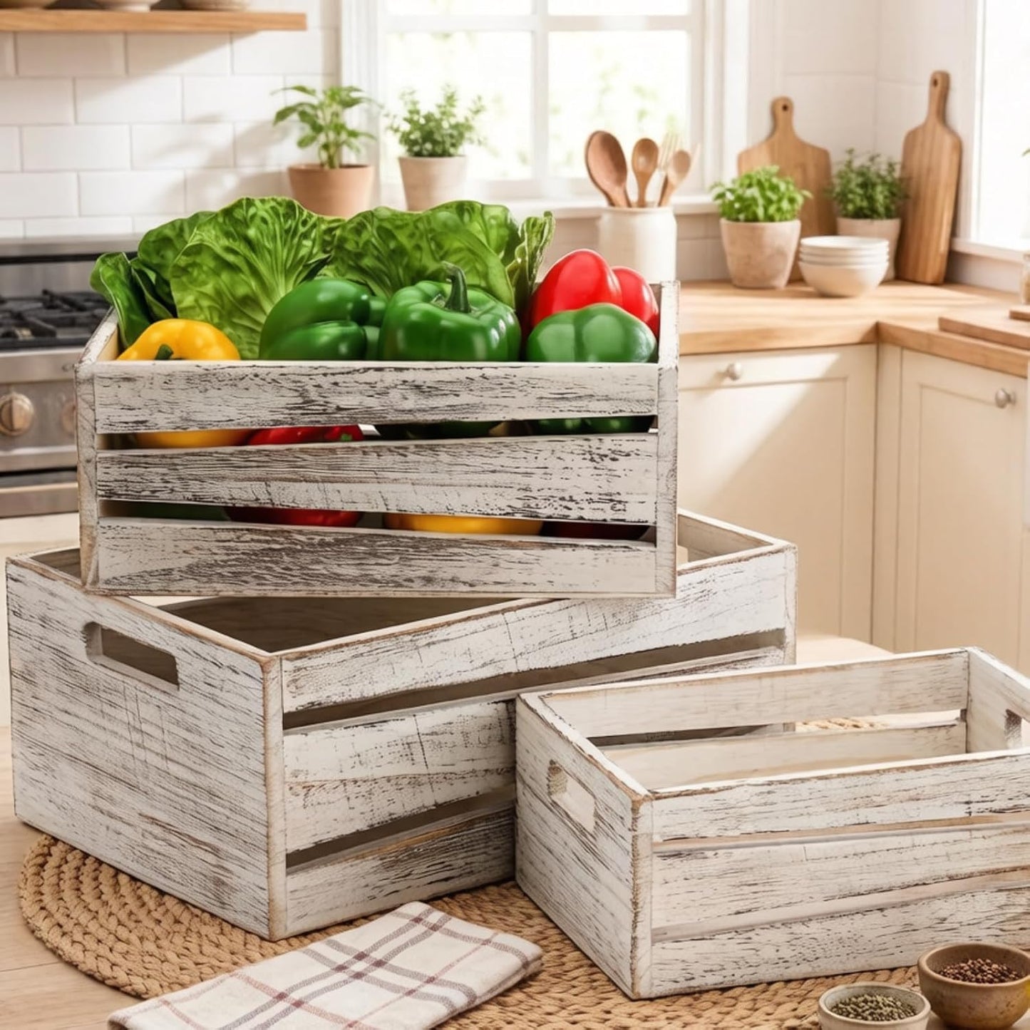 Rustic Nesting Container Bin / White / Set of 3