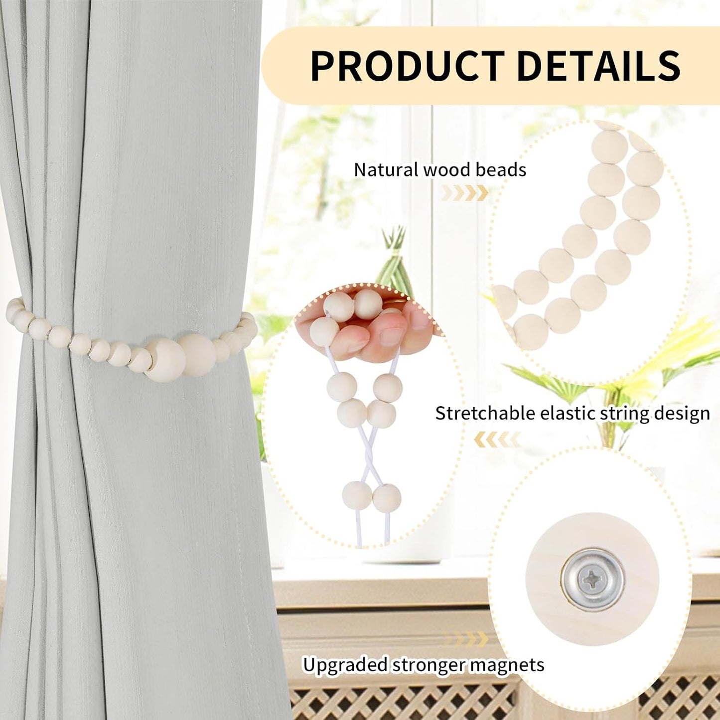 KLOGTSIND Magnetic Curtain Tiebacks, 6 Pack Wood Bead Curtain Holdbacks | Curtain Holders for Bedroom Decor, Boho Room
