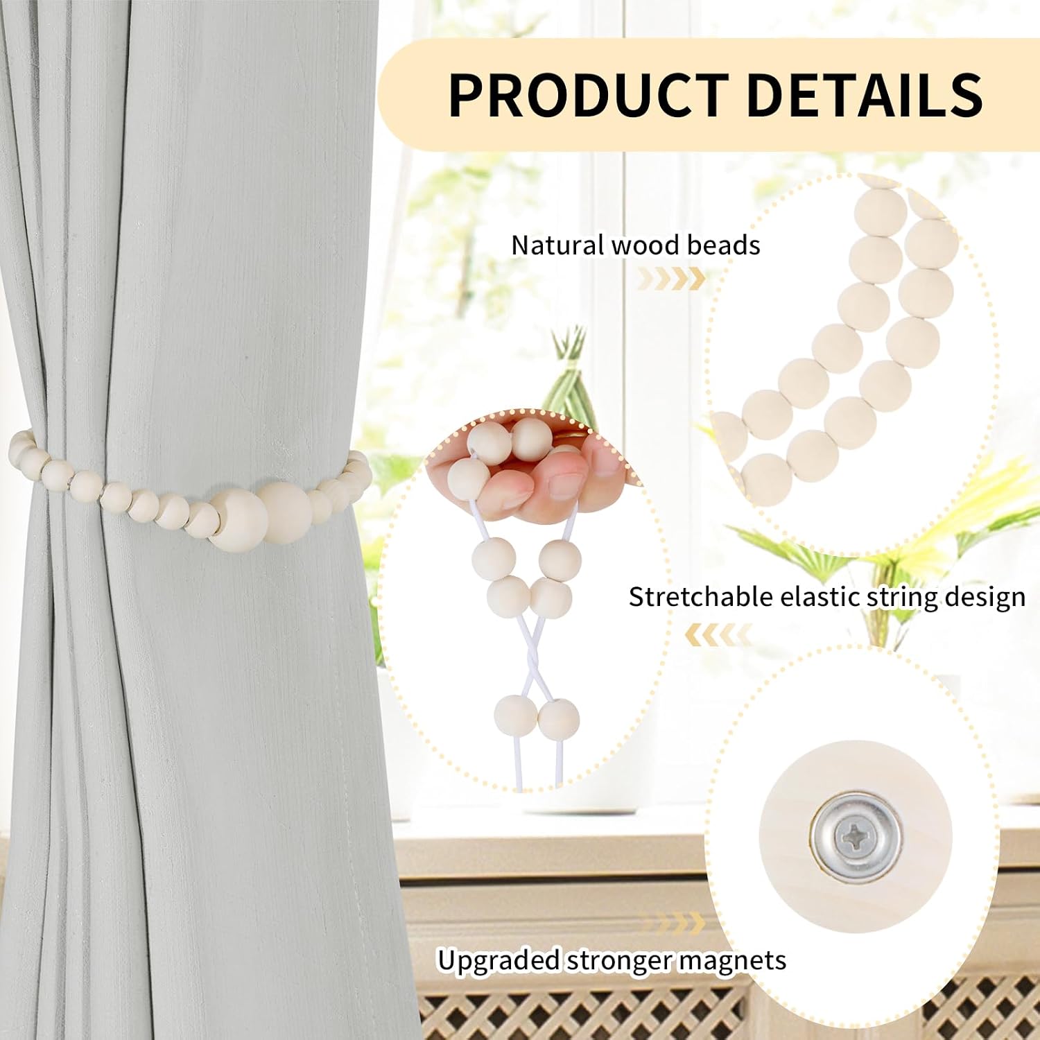 KLOGTSIND Magnetic Curtain Tiebacks, 6 Pack Wood Bead Curtain Holdbacks | Curtain Holders for Bedroom Decor, Boho Room