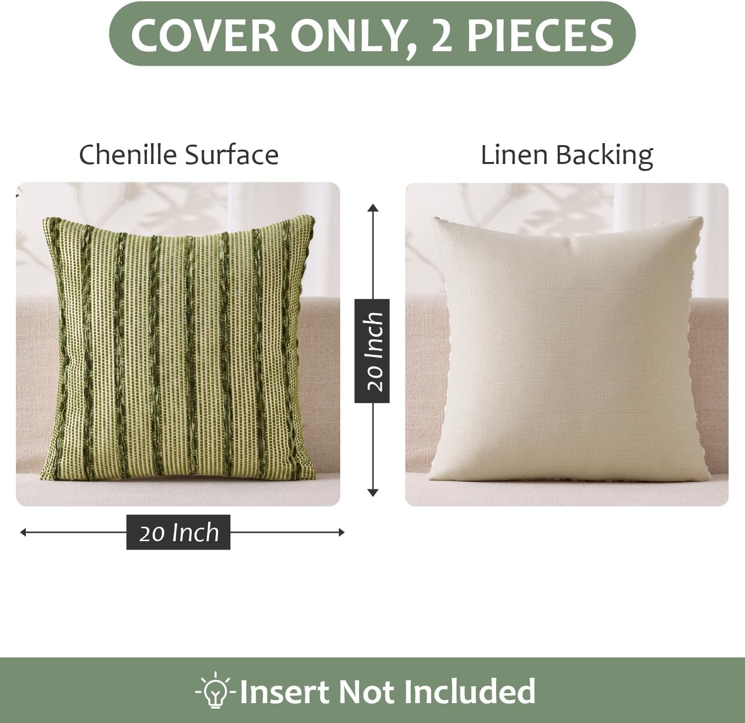 Boho Woven Chenille Pillow Covers Soft Textured Decorative / Olive Stripe / 20 x 20 / Set of 2