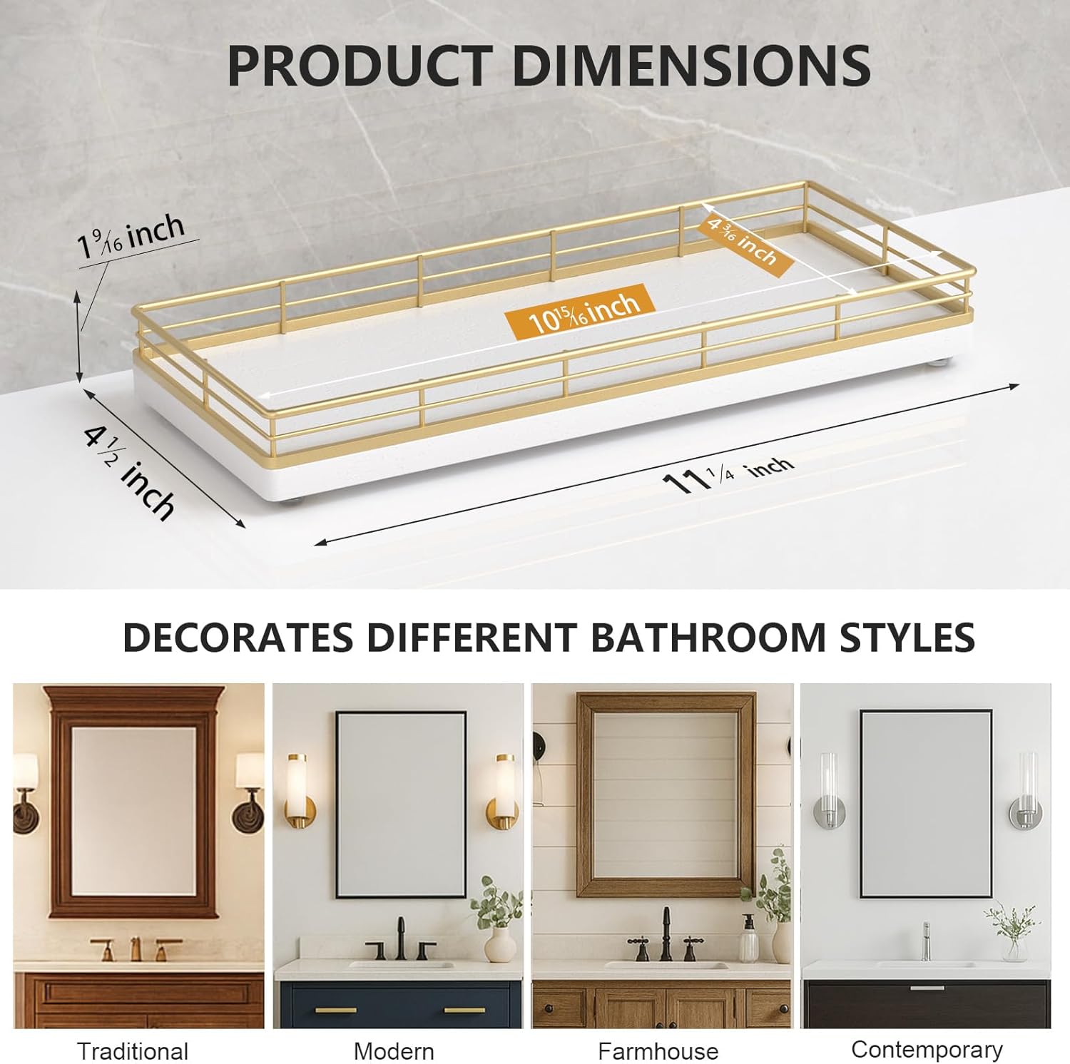 Oak Wood Vanity Tray / Gold & White / 11 x 4.5 x 1.5