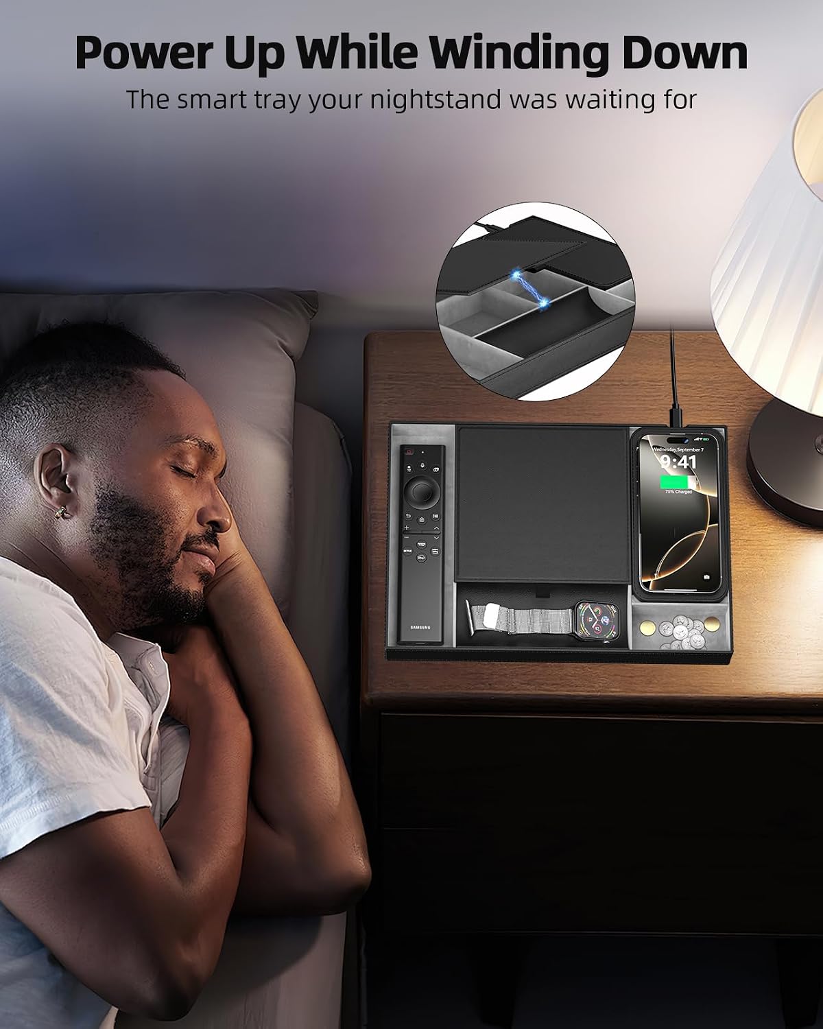 Leather Valet Tray with Wireless Charging Pad - Luxury EDC Nightstand Organizer for Men - Premium Desk Tray for Phone