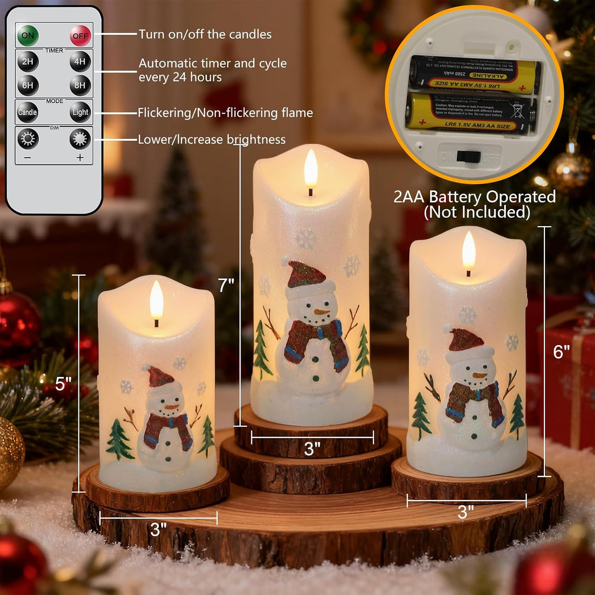 Snowman Carved Flameless Candle Battery Operated with Remote Timer | LED Flickering Pillar Long Lasting, Real Wax Hand