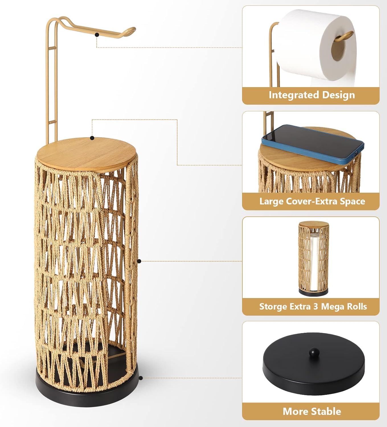 Freestanding Toilet Paper Holder with Storage,3 Rolls of Tissue Holder for Bathroom,Handmade Woven Toilet Paper Roll