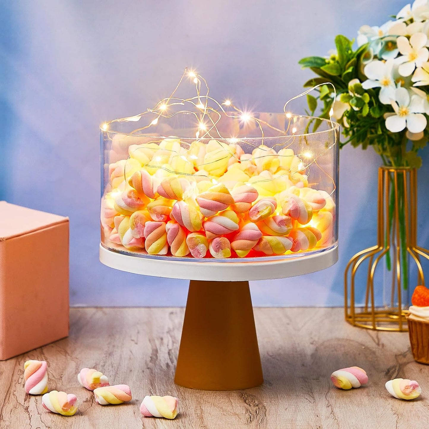 Sunnyray 2 Pcs Acrylic Cake Stands for Dessert Table Clear Fillable Cake Riser Cupcake Tier with LED Strings for