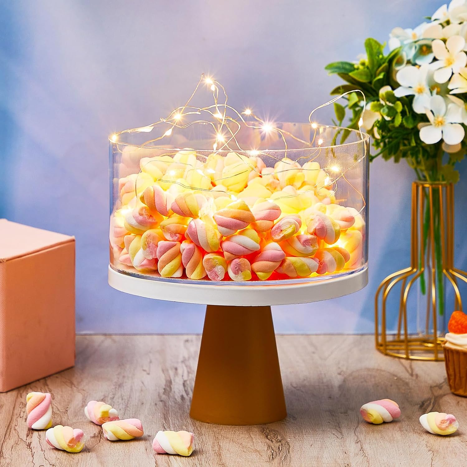 Sunnyray 2 Pcs Acrylic Cake Stands for Dessert Table Clear Fillable Cake Riser Cupcake Tier with LED Strings for