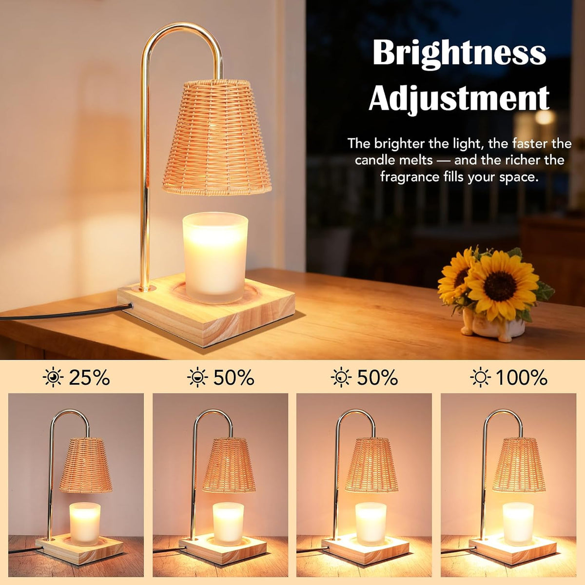 Candle Warmer Lamp with Timer Dimmable Boho Rattan Lampshade Natural Weaving Wax Warmer for Jar Candles Mothers Day