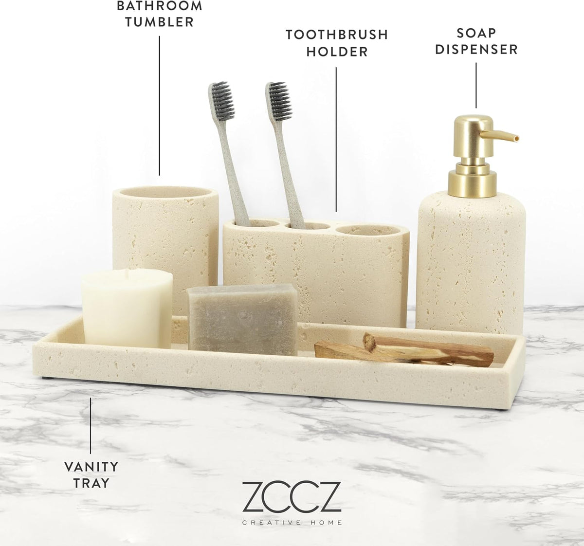 Beige Bathroom Accessories Set 4 Pcs - Toothbrush Holder, Soap Dispenser, Vanity Tray, Bathroom Tumbler - Countertop