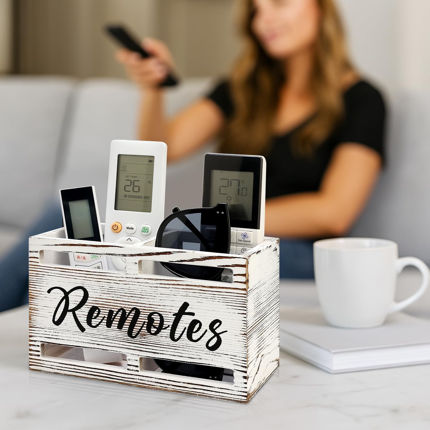 Wooden Remote Control Holder Wall Mount Remote Organizer / Rustic White / 2 Slot