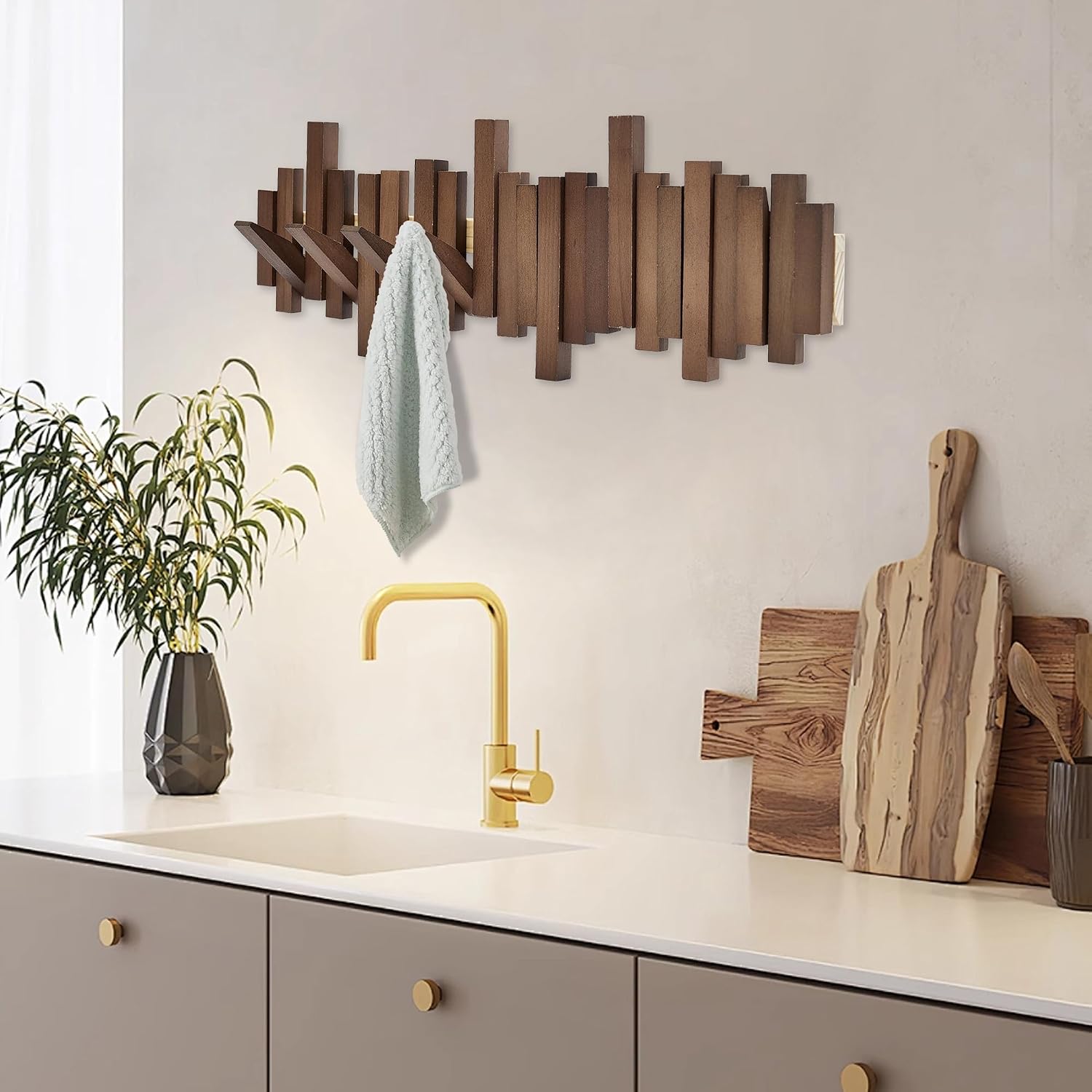 Natural Wood Wall Mounted Piano Coat Rack | Mounted Coat | Flip Up Wall Hook 8 Hooks | Entry Art Hooks in Walnut