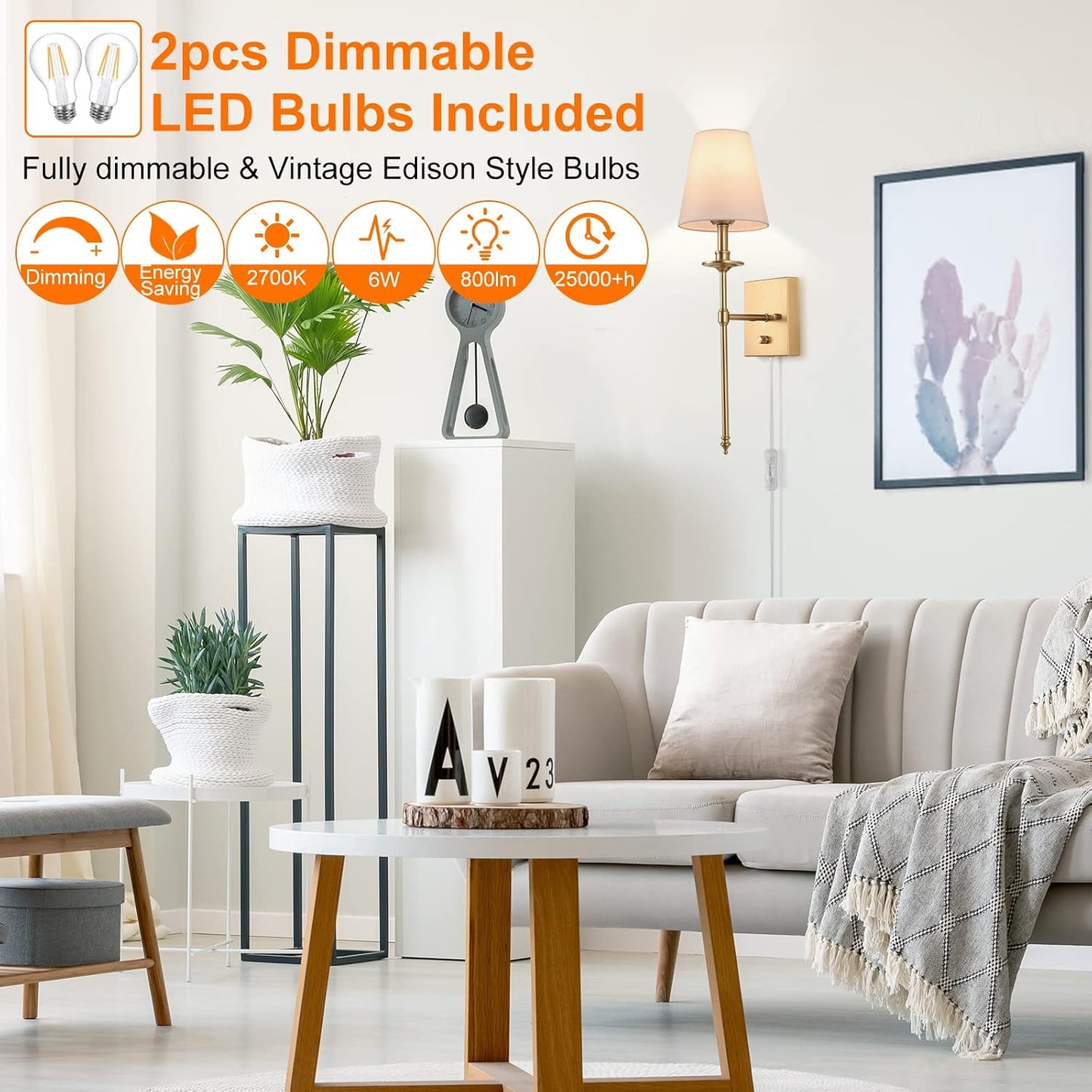 Dimmable Wall Sconces Set of Two, Plug in Wall Sconces White Fabric Shade, Wall Lamp for Bedroom, Living room, Plug in