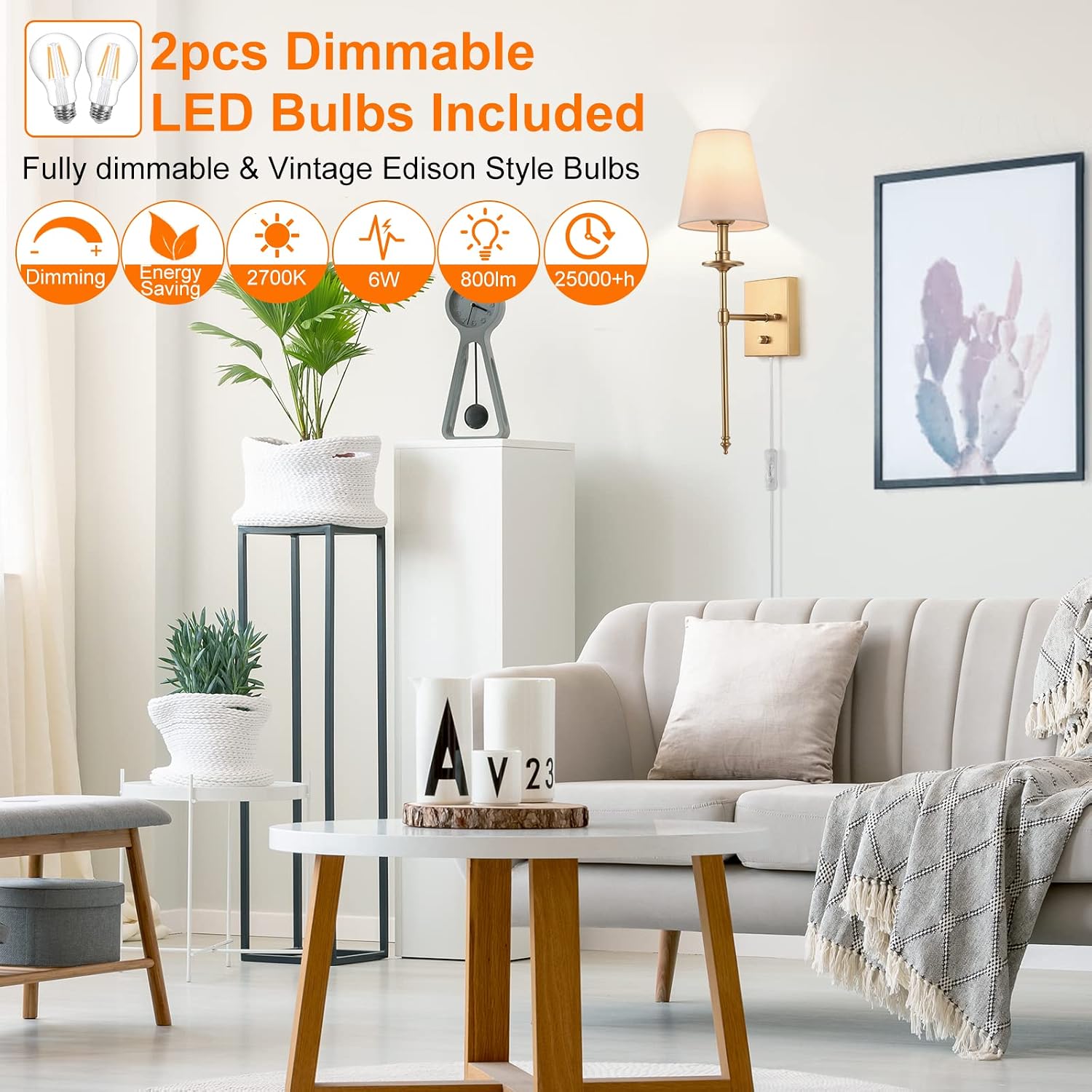 Dimmable Wall Sconces Set of Two, Plug in Wall Sconces White Fabric Shade, Wall Lamp for Bedroom, Living room, Plug in