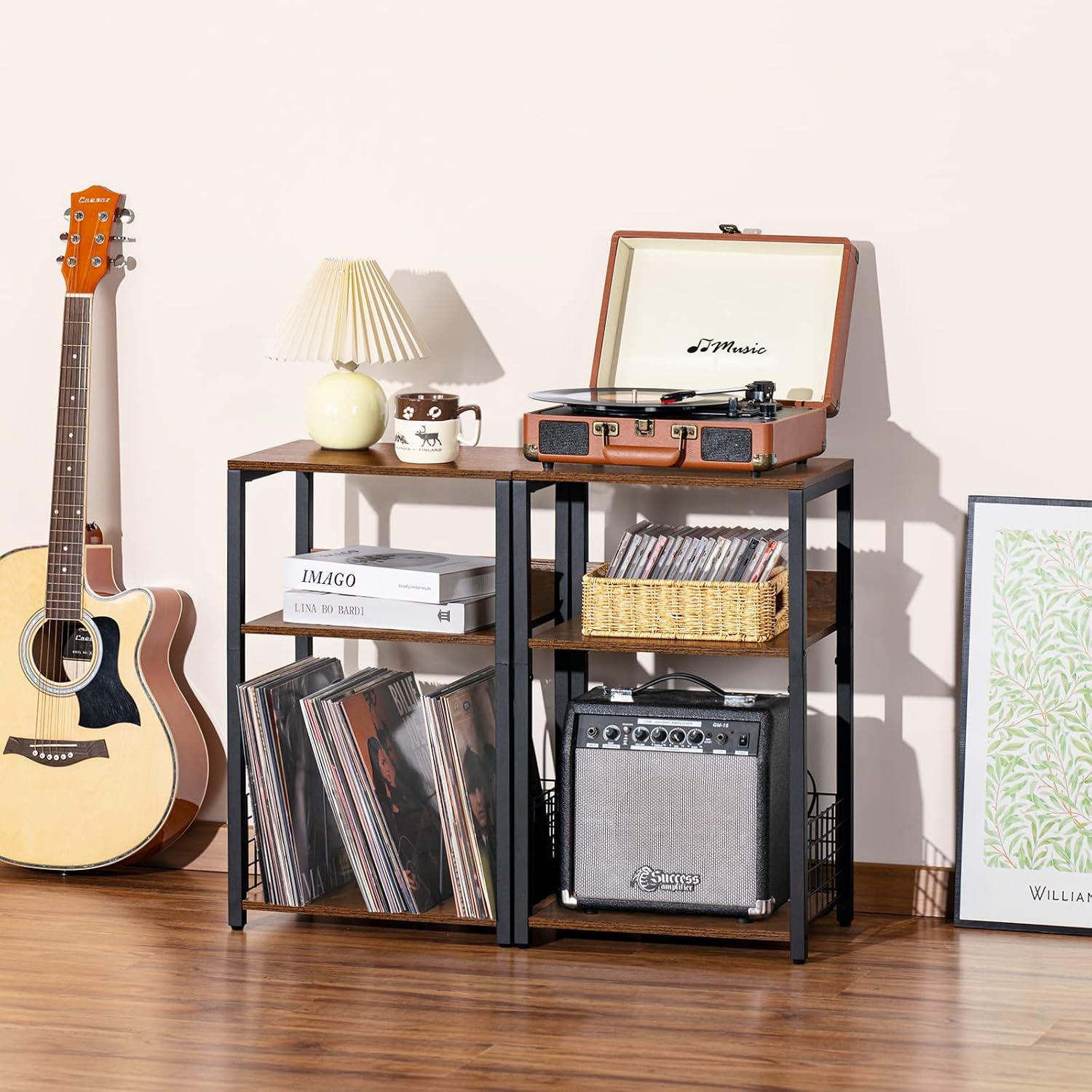3 Tier End Table,Record Player Stand with Storage Up to 100 Albums,Turntable Stand for Vinyl,Brown Records Shelf for