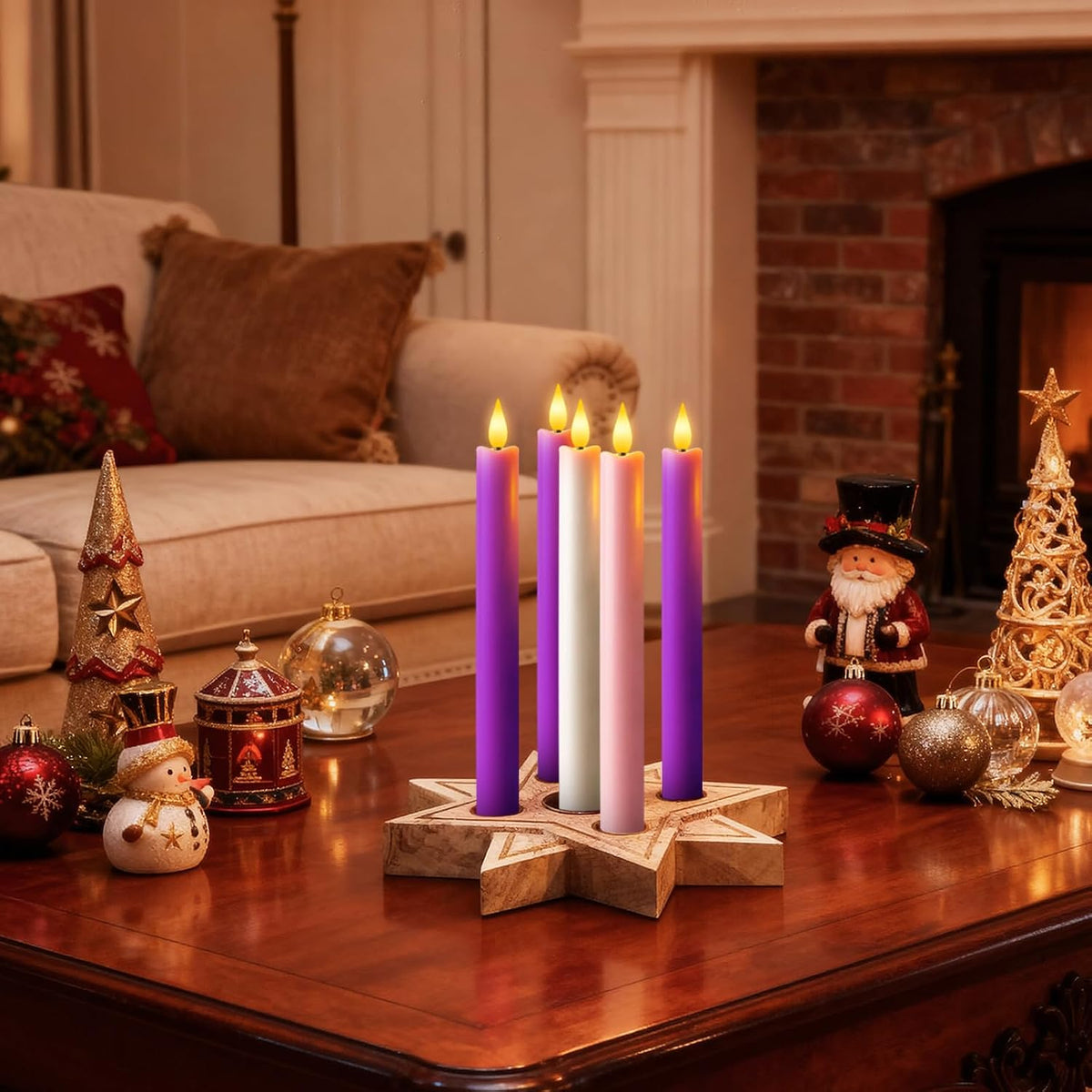 LED Advent Candles Set of 5, Flameless Taper Candles with Remote, Battery Operated Taper Candlestick Flickering, 3