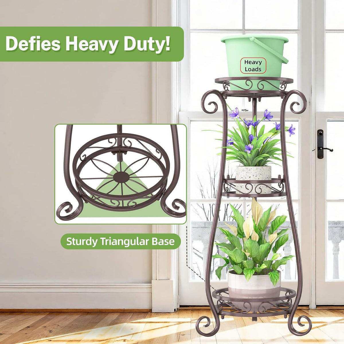 iDavosic.ly 3 Tier Tall Metal Plant Stand Outdoor Indoor, 34 Inch, Bronze | Corner Flower Pot Holder Shelf, Wrought