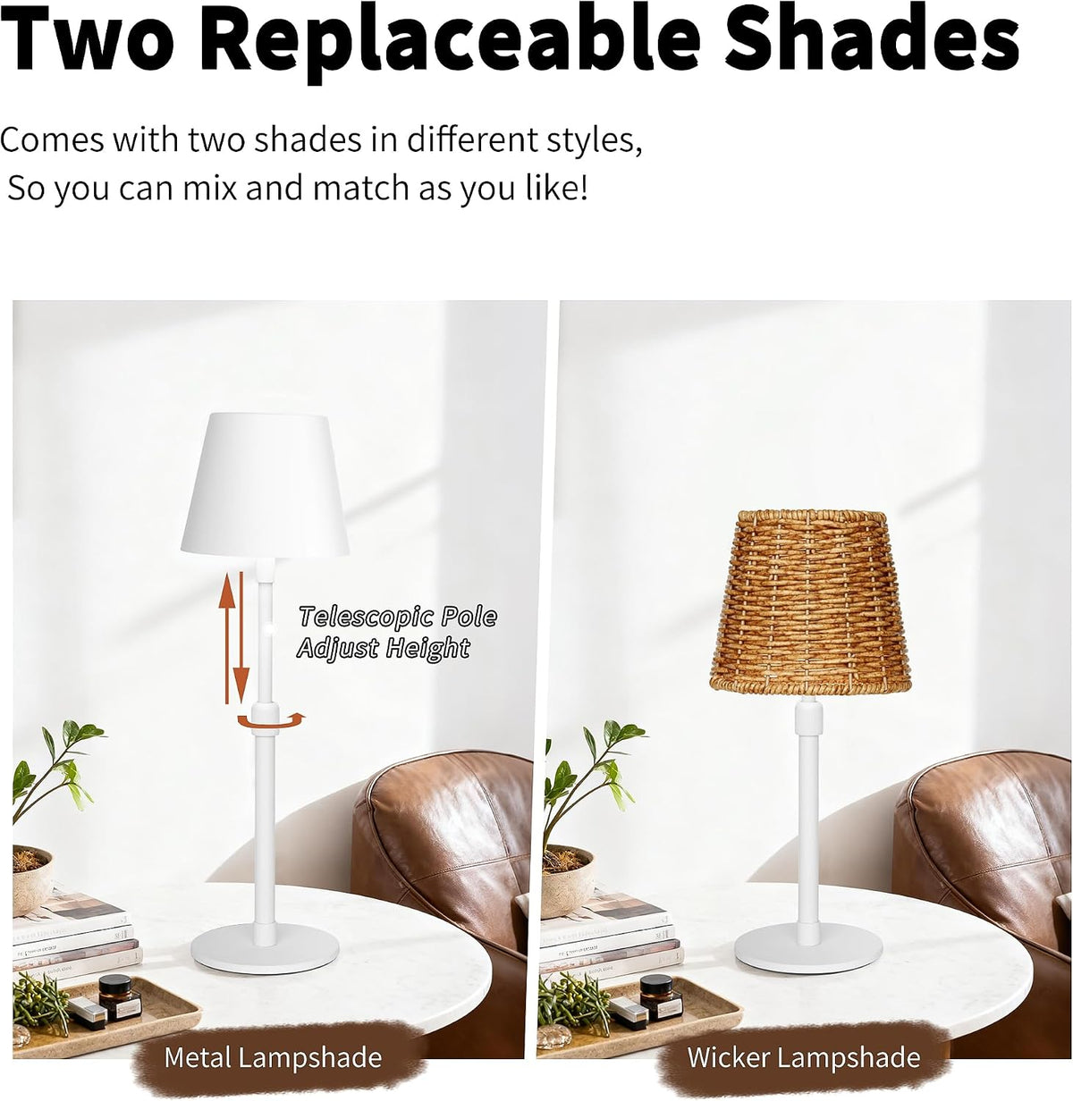 Mr.White Outdoor Waterproof Rechargeable Cordless Table Lamp with Telescopic Pole & Wicker Shade, 5200mAh Battery