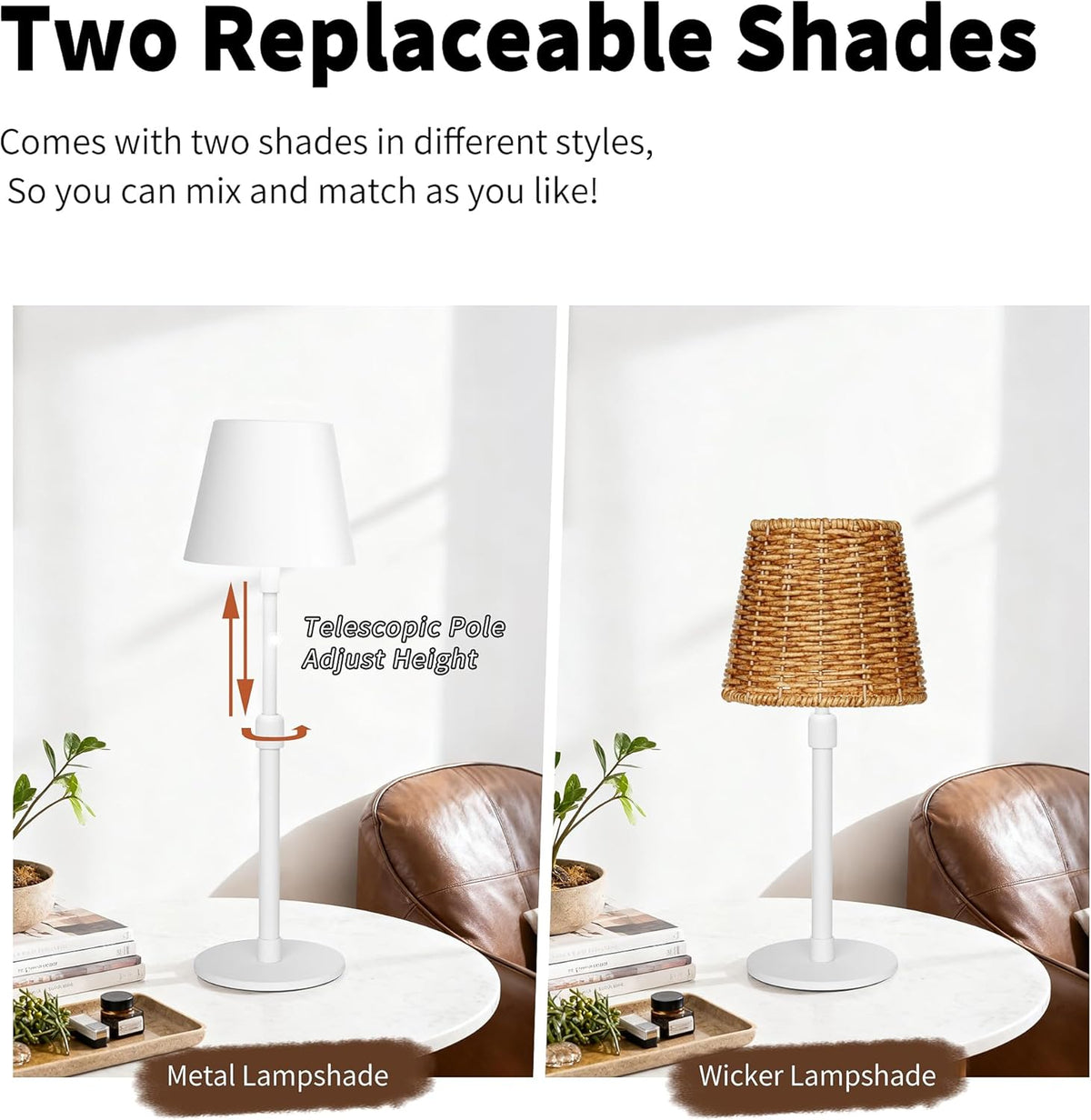 Mr.White Outdoor Waterproof Rechargeable Cordless Table Lamp with Telescopic Pole & Wicker Shade, 5200mAh Battery