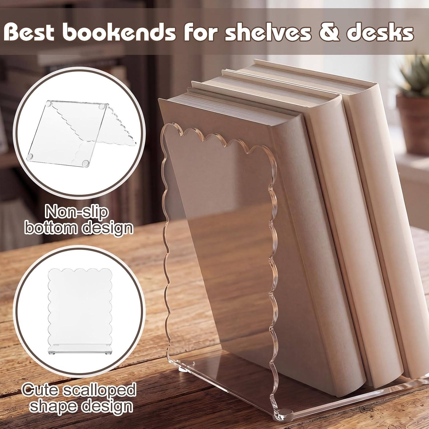 Scalloped Acrylic Bookends Book Ends for Shelve Transparent Bookend Organizer / Clear / Set of 4