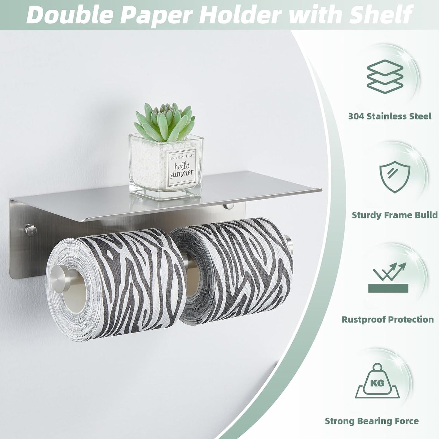 APLusee Brushed Nickel Double Toilet Paper Holder with Shelf, Wall Mounted | 304 Stainless Steel, Rust-resistant for