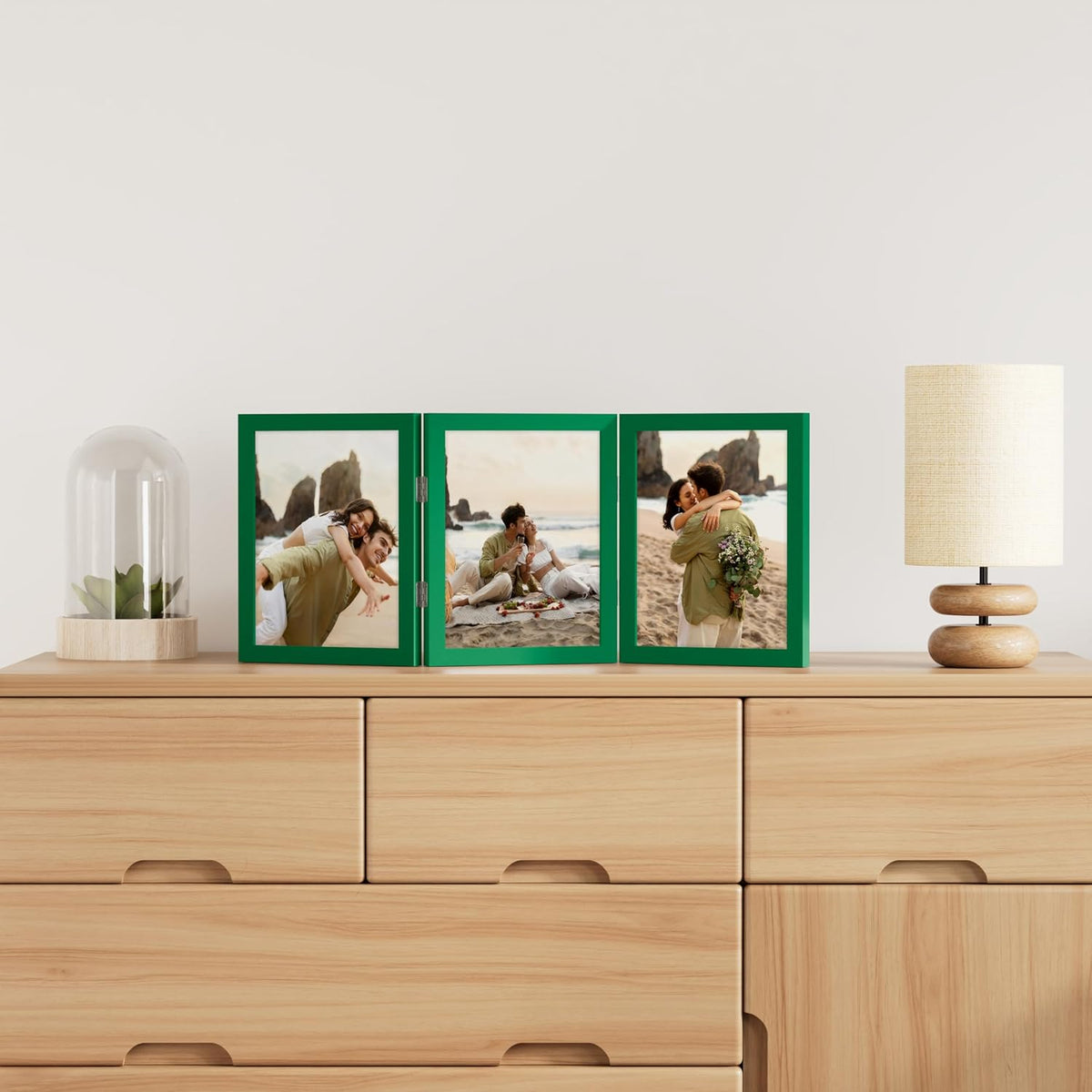 decorUhome Green Triple 8x10 Picture Frame Vertical, MDGN08 | "Z" Shape Folding Design Engineered Wood Trifold Photo