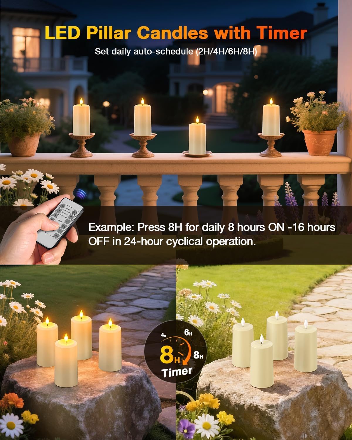 Yme Waterproof Rechargeable Pillar Candles Flickering with Remote Timers | Magnetic Charging Base, Flameless LED