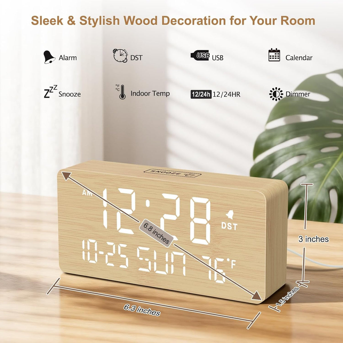 DreamSky Wooden Digital Alarm Clocks for Bedrooms with Date & Day of Week | Living Room Desk Clock, Temperature, USB