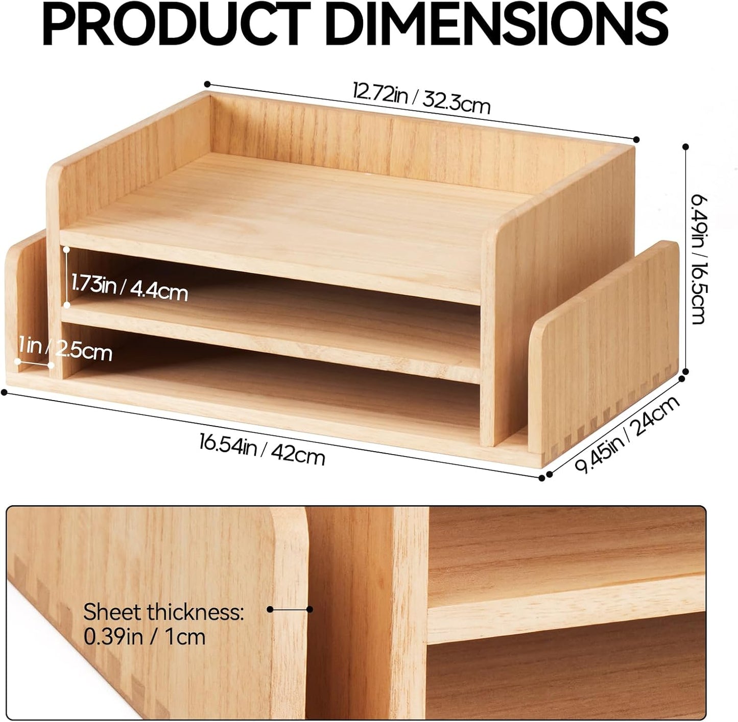 KIRIGEN Wood Desk Organizer, 5-Tray Letter Tray and Mail Sorter Natural 2TP | Solid Wood 3-Tier Desktop Organizer with