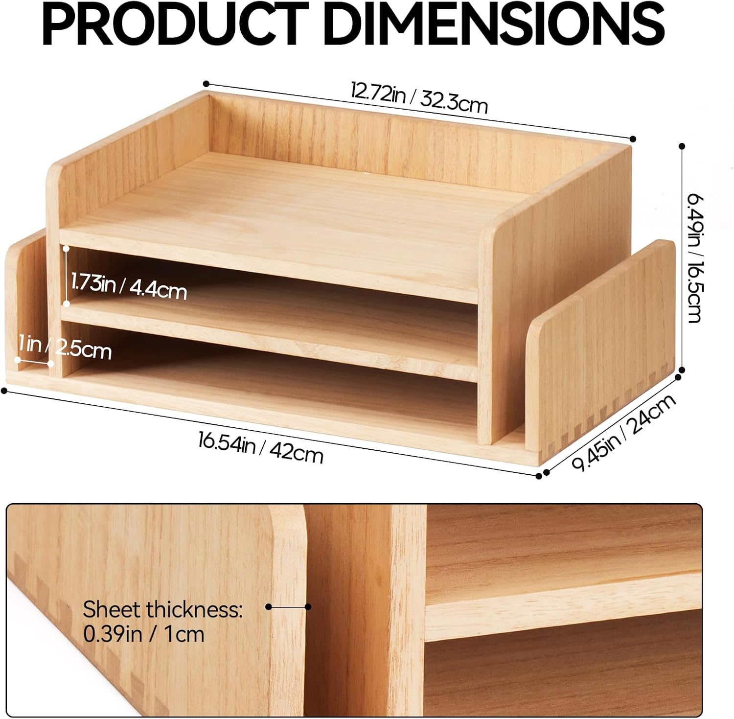 KIRIGEN Wood Desk Organizer, 5-Tray Letter Tray and Mail Sorter Natural 2TP | Solid Wood 3-Tier Desktop Organizer with