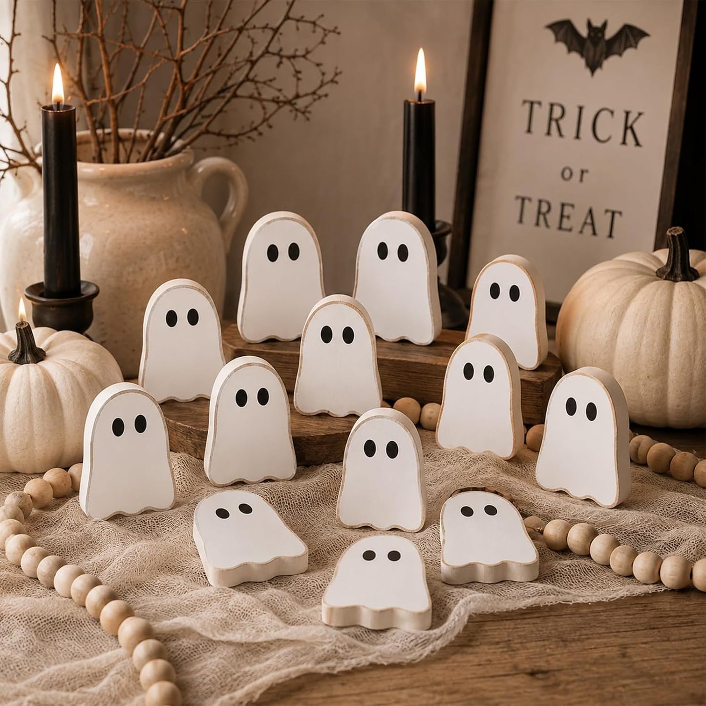 Lineshading 4 Pcs Happy Haunting Wood Blocks, Halloween Farmhouse Decor