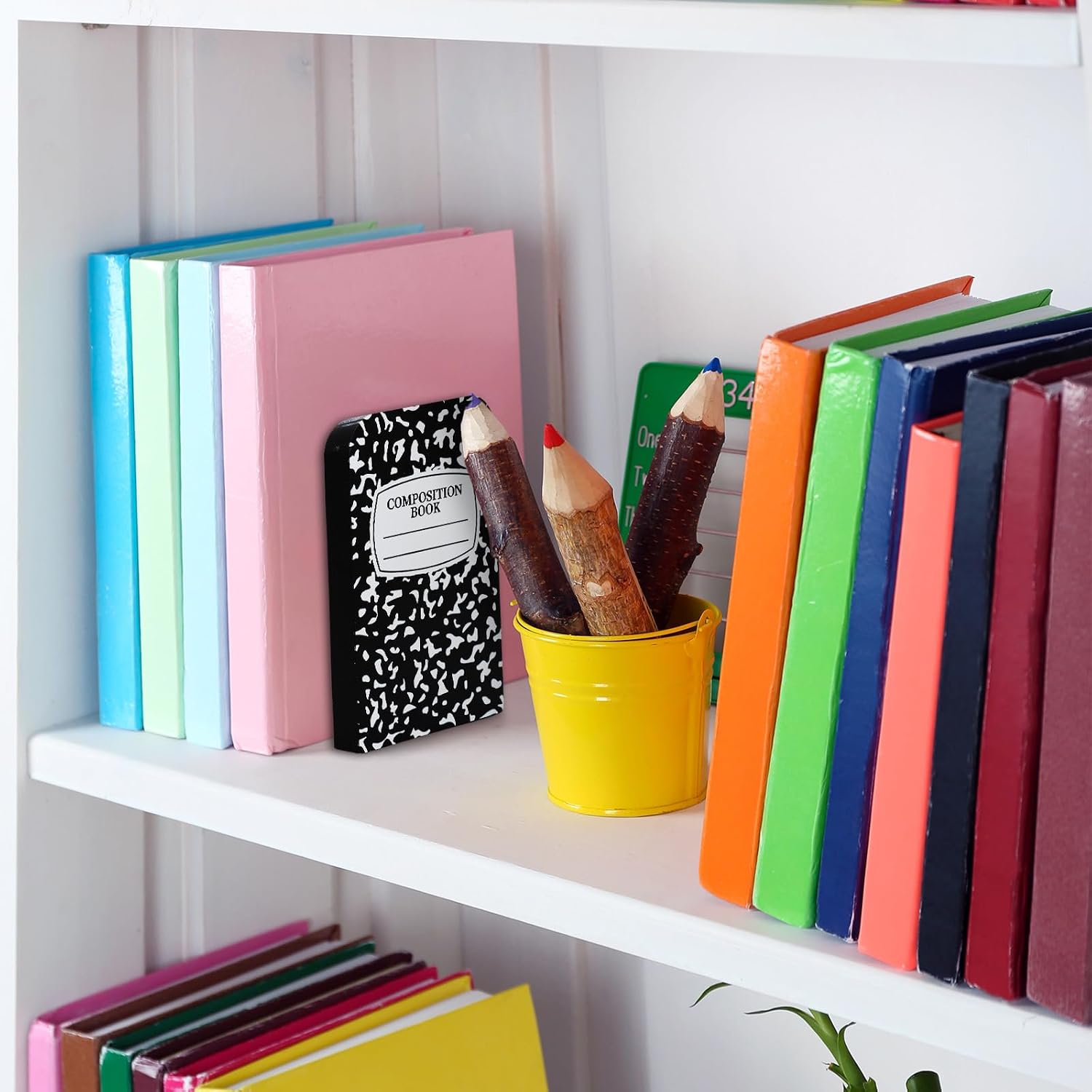 Back to School Wood Bookends Non Skid Book Stoppers Composition Notebook Pencil Crayon / Set of 6