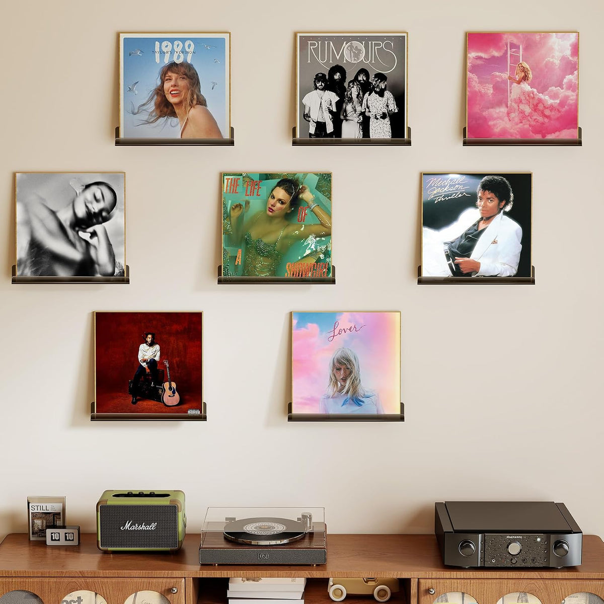 Vinyl Record Wall Mount Shelves, 12 inch Vinyl Holder, 8 Pack, Black | Acrylic Floating Shelves for Album Record